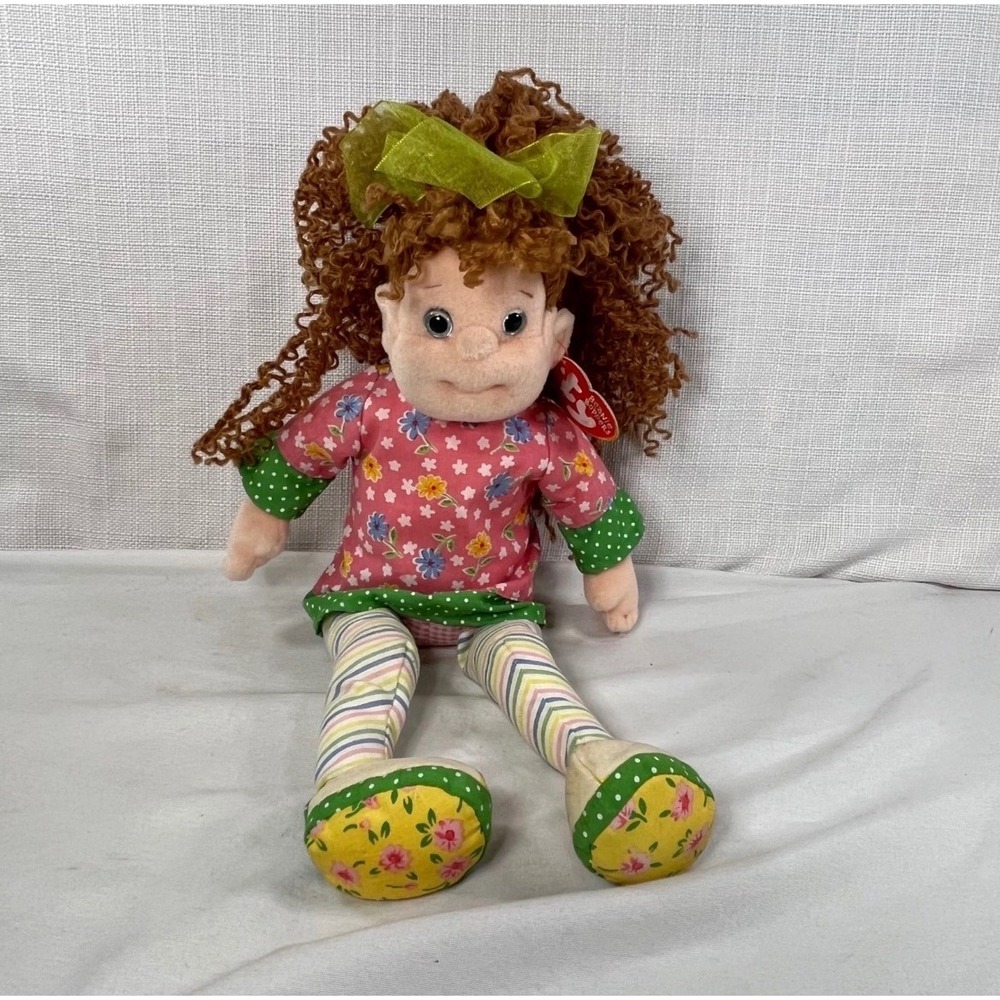Ty Beanie Boppers Huggable Holly Plush Doll Curly Brown Hair Pink Floral 12 inch